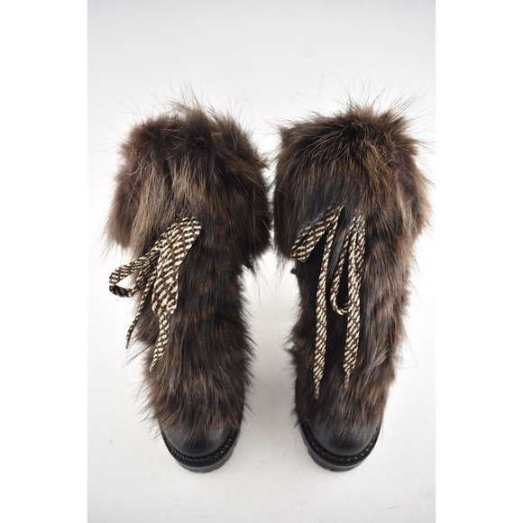 Christian Louboutin Fanny 70 Black Brown Fur Leather Tie Heel Combat Boot 34 - Picture 6 of 12